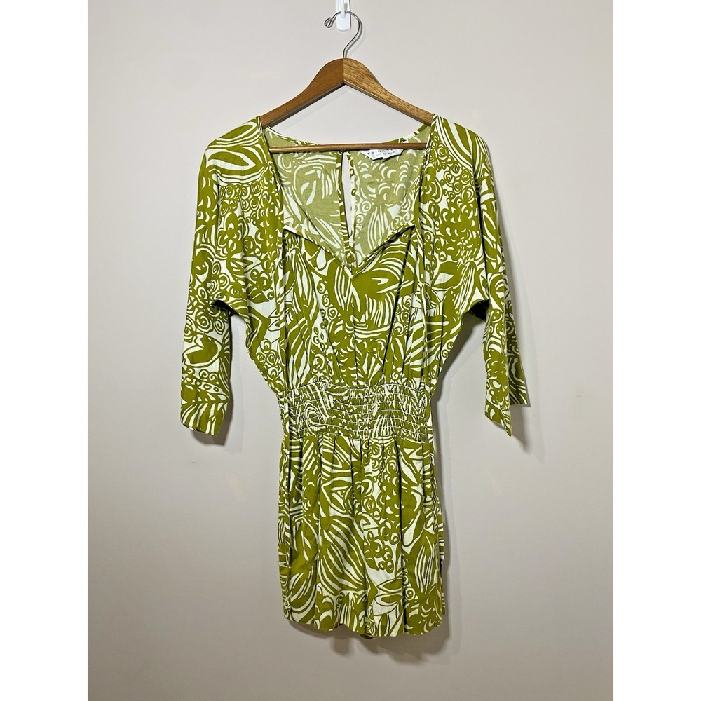 Trina Turk Romper Women Sz 2 Green 3/4 Sleeve Silk Blend Keyhole Smocked Pockets